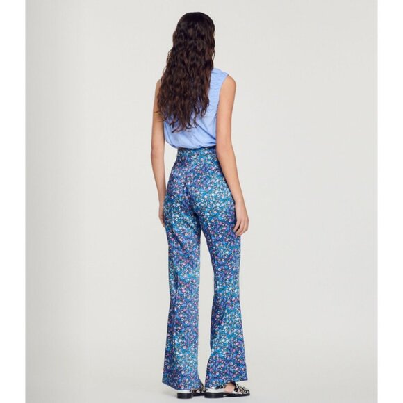 Sandro | Donelo Satin Floral Print Flare Pants In Purple/Blue - Picture 5 of 16
